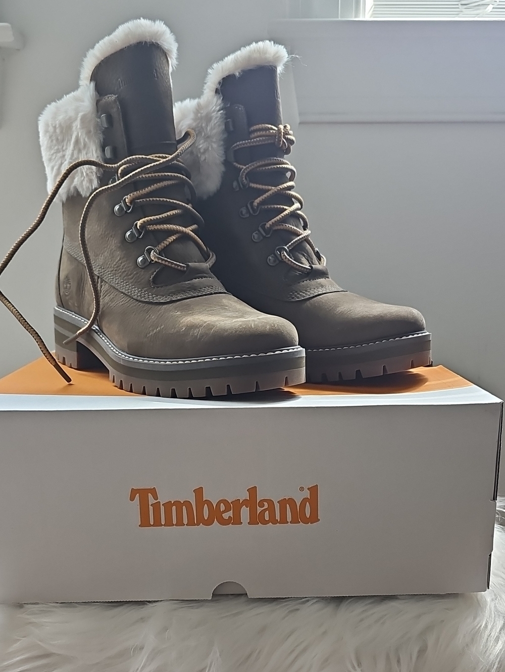Timberland Olive Brown Fur-Trim Lace-Up Winter Boots